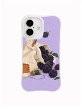 Lavender blackberry spill iPhone case pattern with cream gathering pocket and wooden clothespin