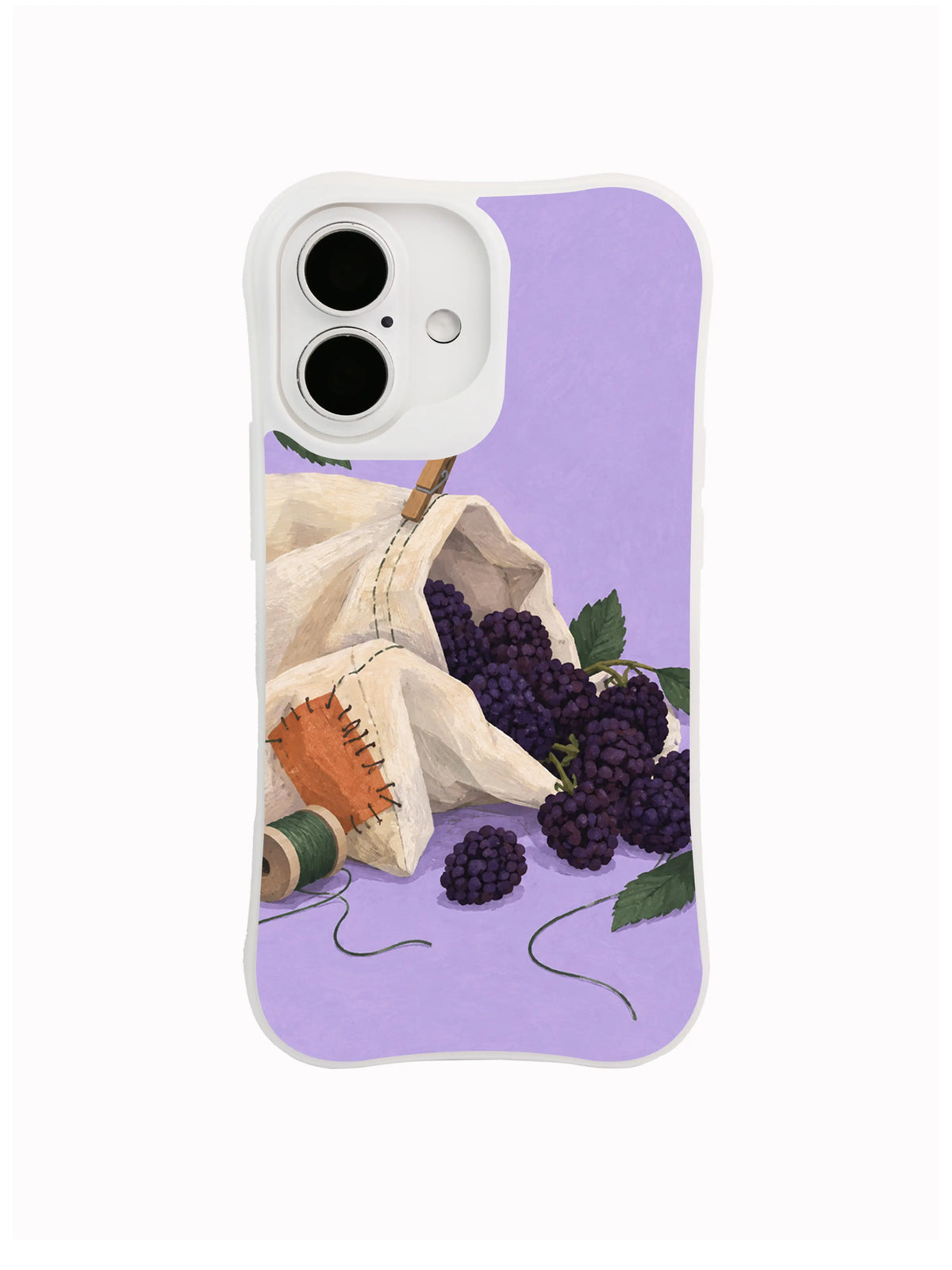 Mended fold iPhone case pattern with stitched rust patch, thread and blackberry cluster