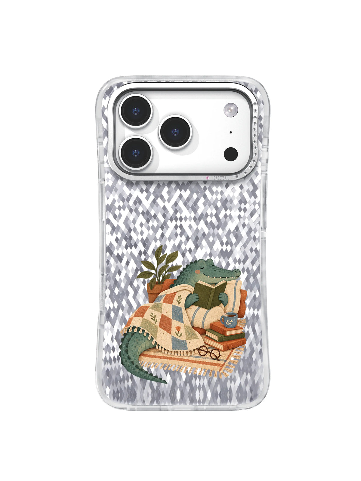 Crocodile pausing over a storybook bridge decision in a warm cottagecore phone case illustration.