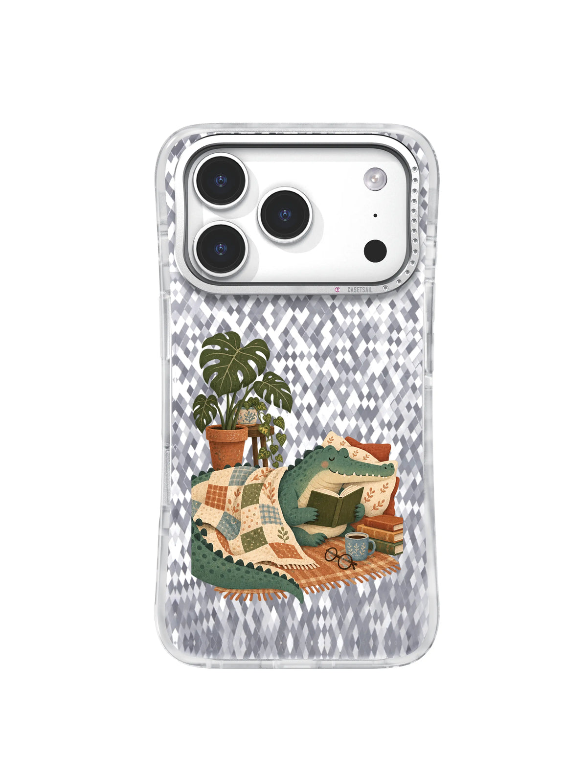 Crocodile closing a book after one chapter in a calm courage-themed phone case illustration.