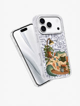 Angled transparent iPhone 17 Pro case showing the Blanket Chapter crocodile artwork.