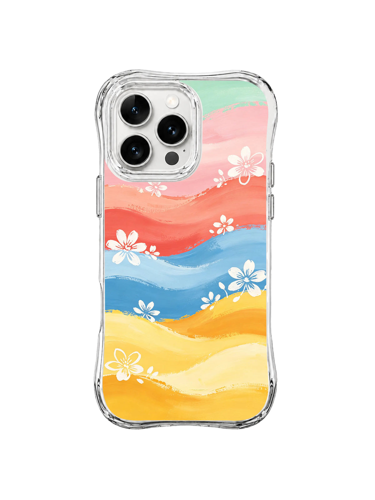 Sunlit Floral Horizons: Mint, pink, coral, blue and yellow horizontal bands hold scattered white flowers.