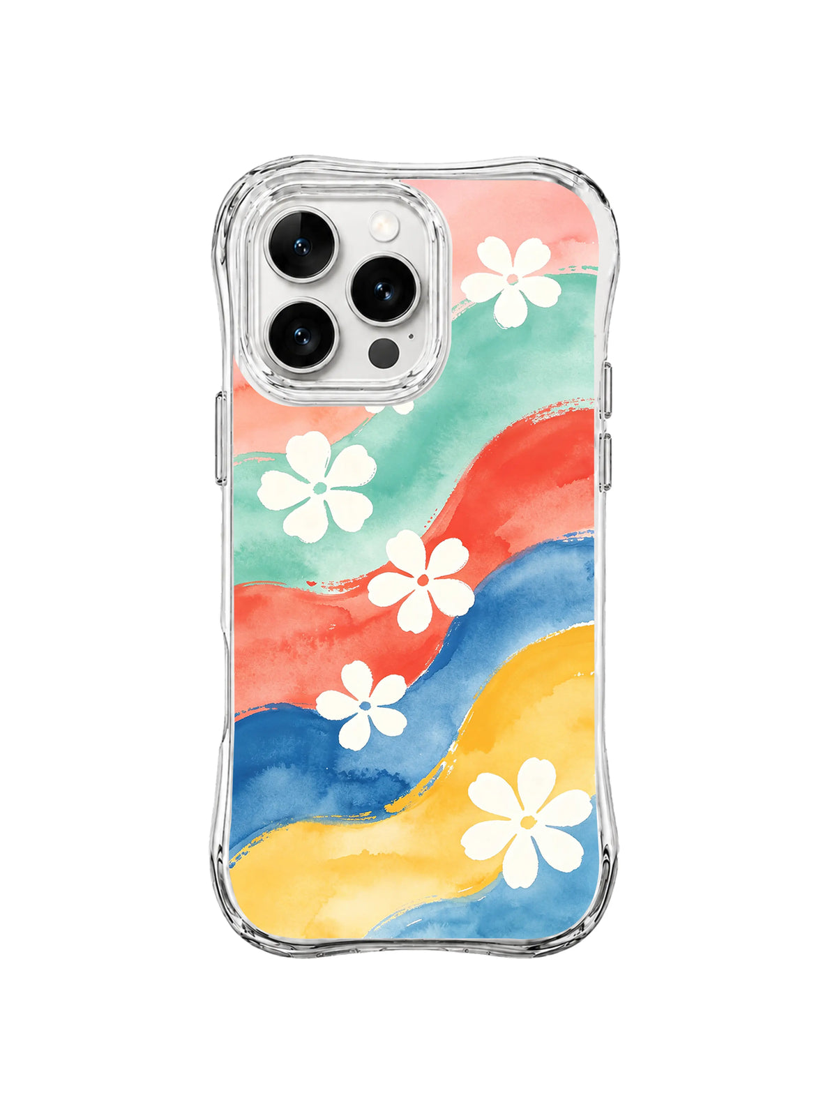 Floating White Blossom Waves: Large white blossoms float over mint, coral, blue and yellow watercolor bands.