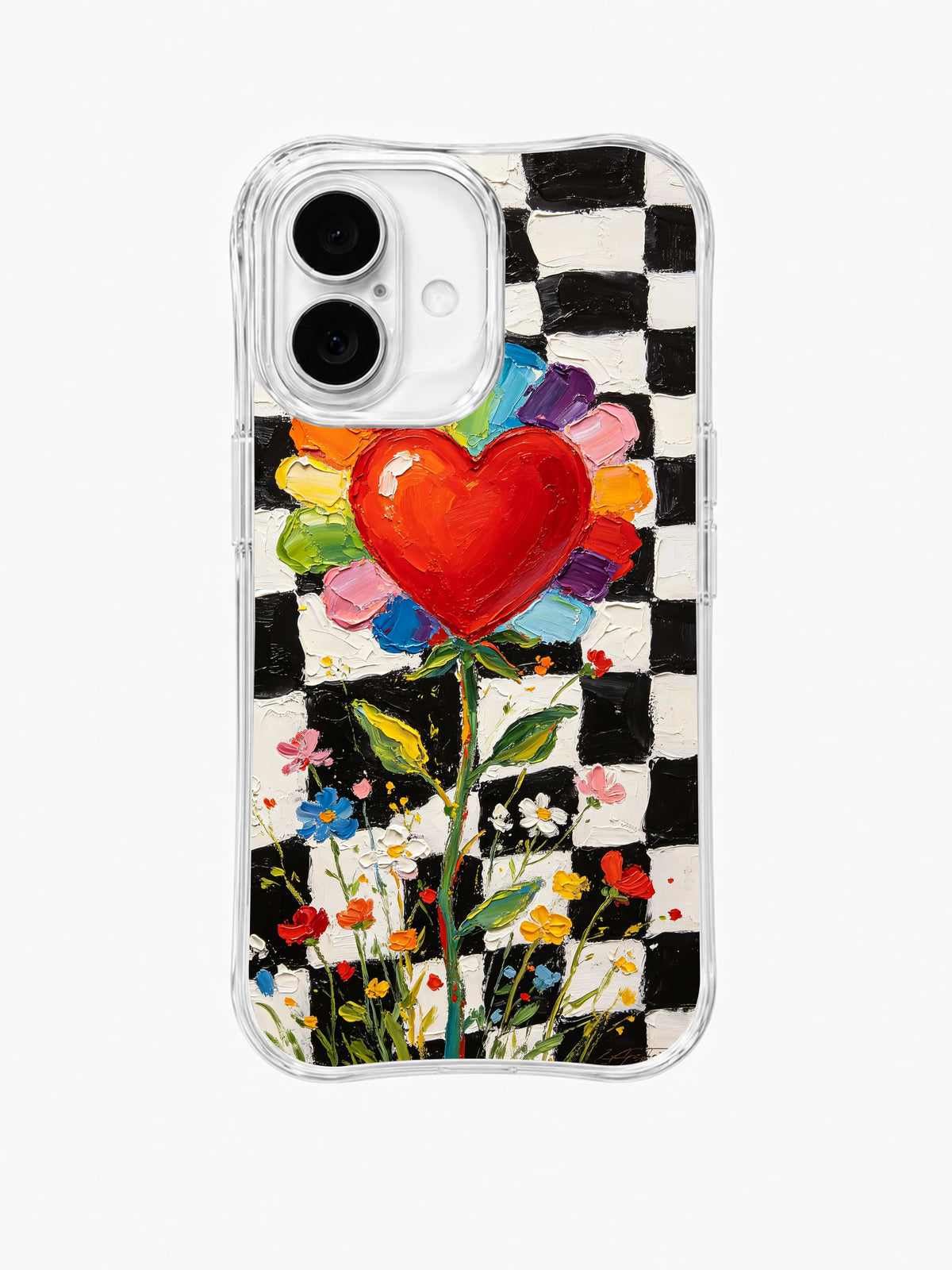 Checkerboard Heart Garden pattern iPhone 16 Plus case