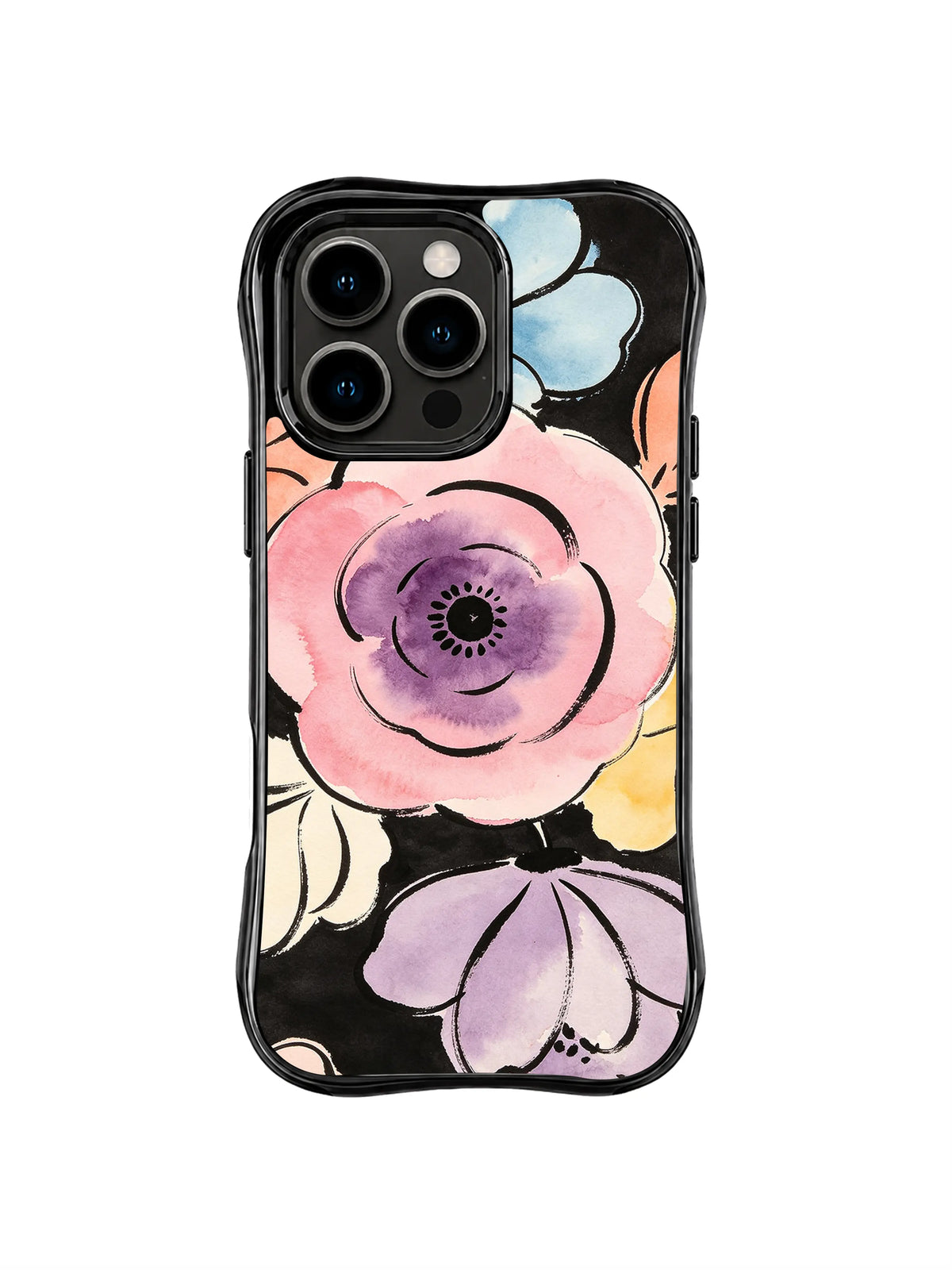 Watercolor Petal Bloom: Büyük pembe, mor, mavi ve krem taç yapraklar siyah zeminde üst üste gelir.