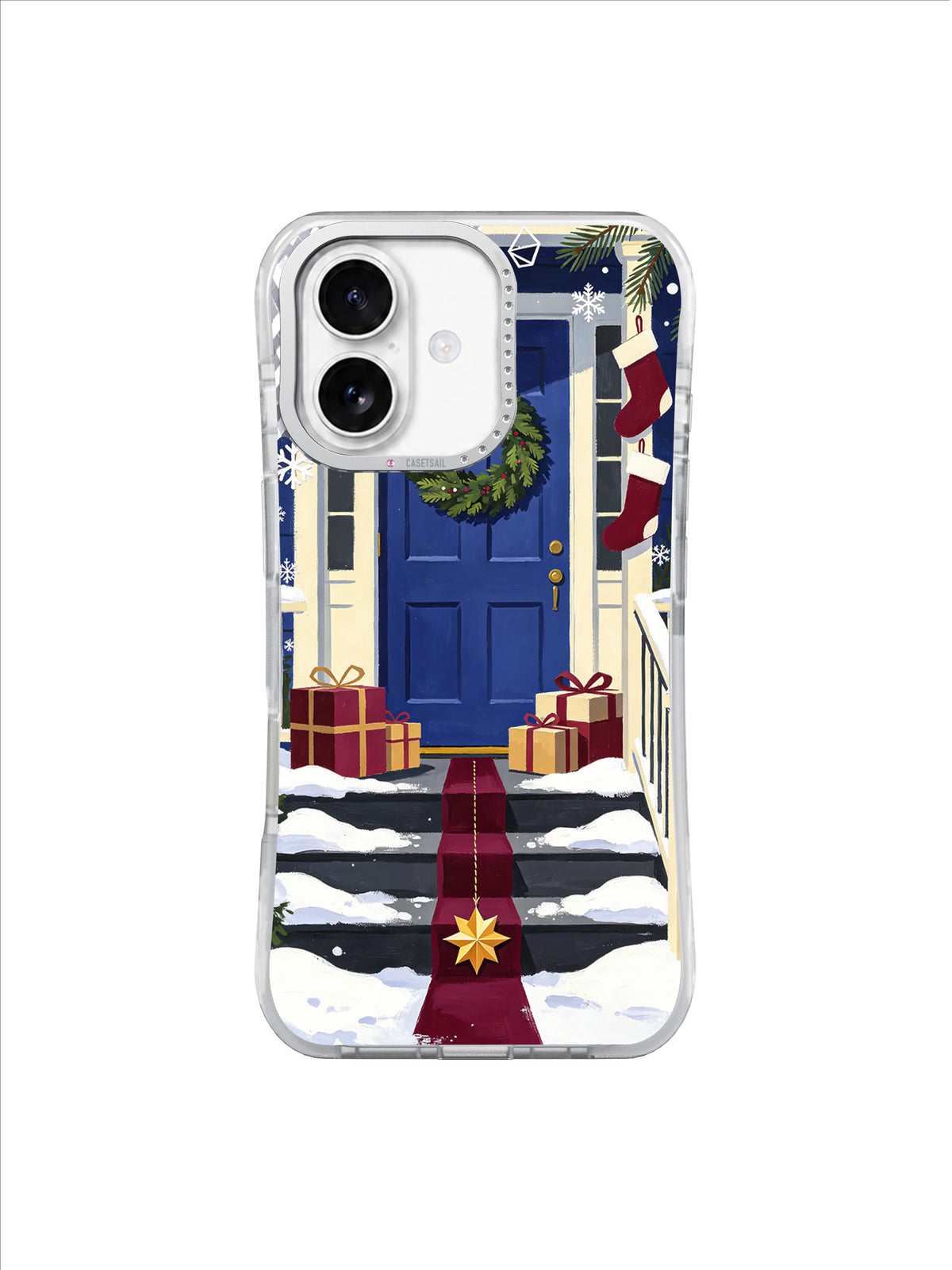 Long burgundy ribbon leading through snowy steps to a blue holiday door on an iPhone 17 case