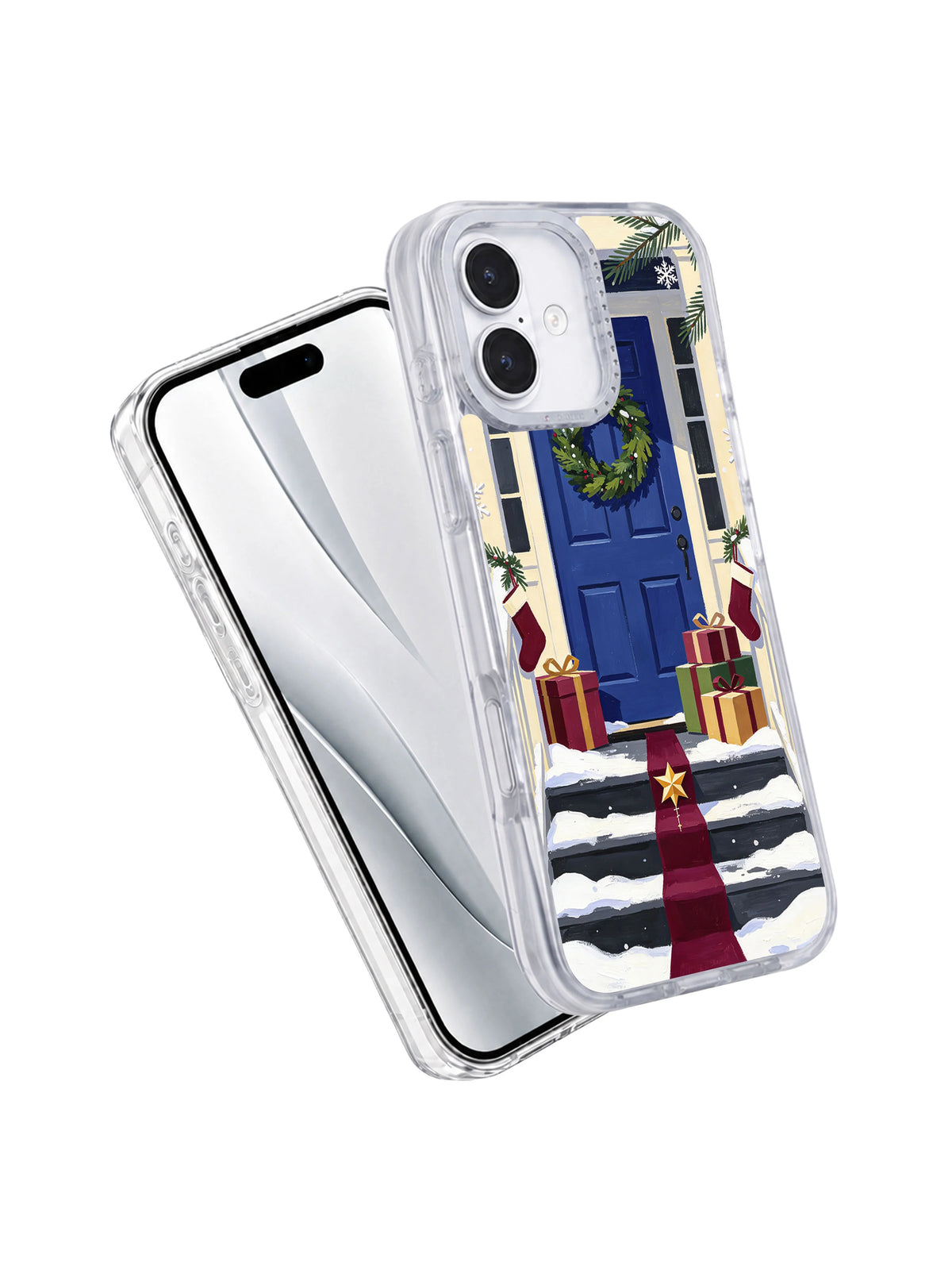 Angled front and back view of The Blue Door of December iPhone 17 case