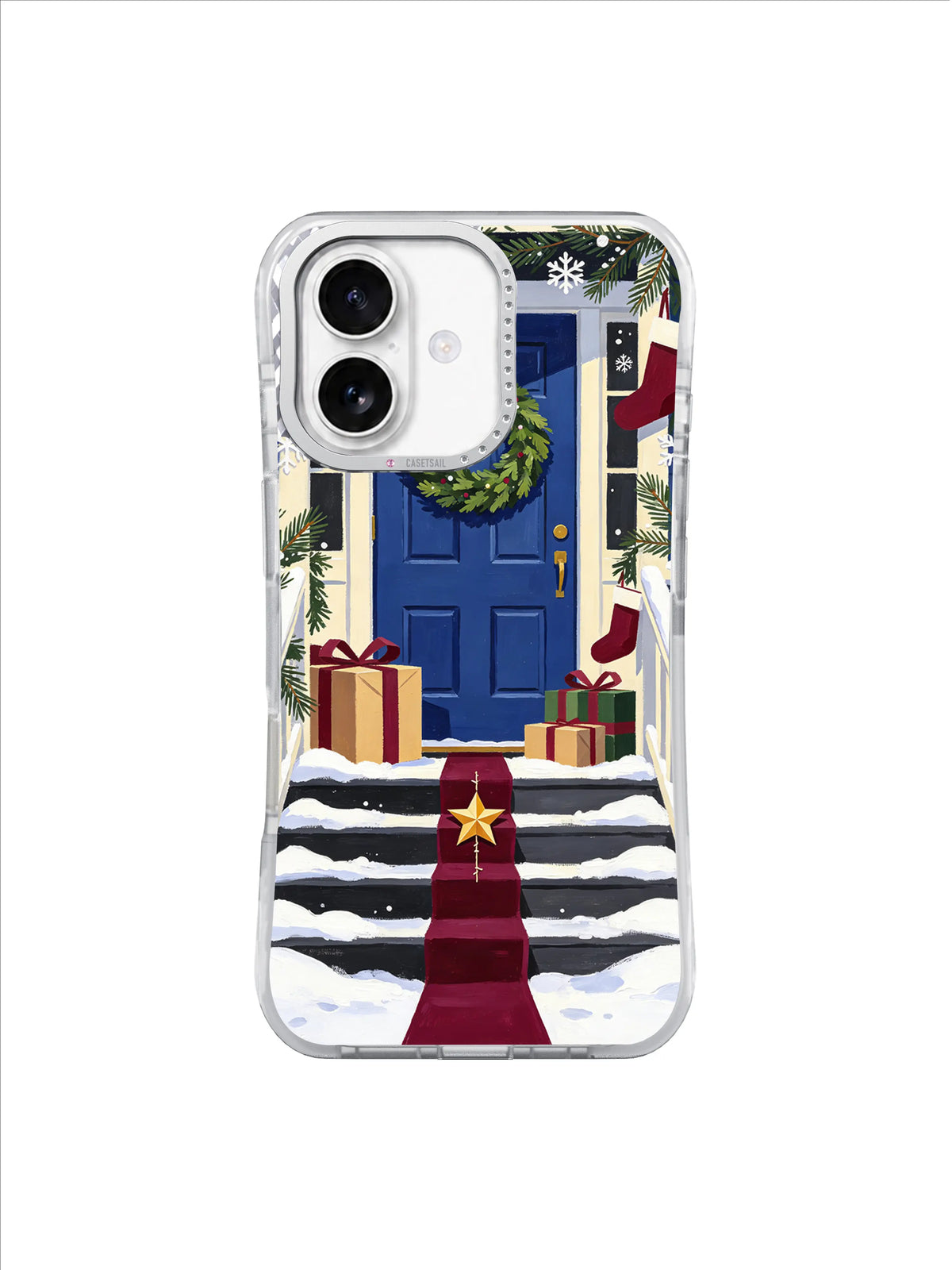 Golden paper star on a burgundy ribbon before a blue December door on an iPhone 17 case