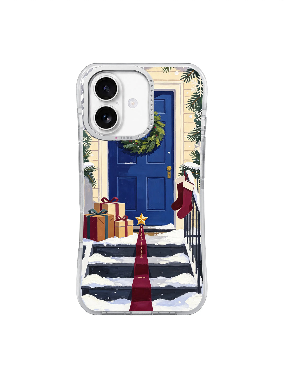 Snow-covered steps, festive gifts, stockings, and a blue wreath door on an iPhone 17 case
