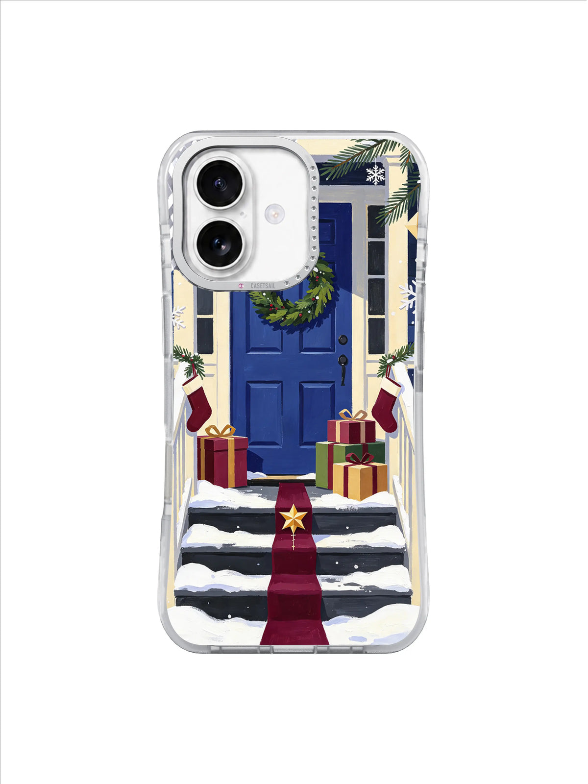 Cobalt blue Christmas door with evergreen wreath, gifts, and burgundy ribbon on an iPhone 17 case