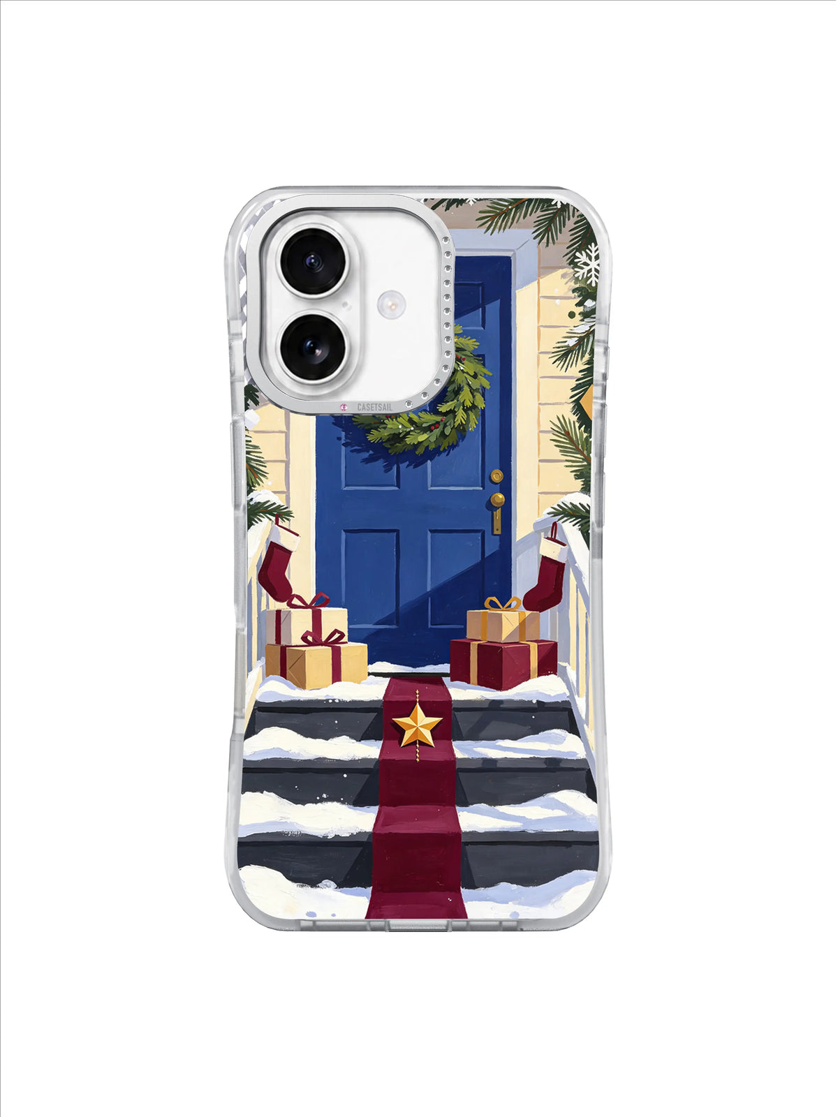 Cobalt doorway framed by pine branches, snow, stockings, and wrapped gifts on an iPhone 17 case