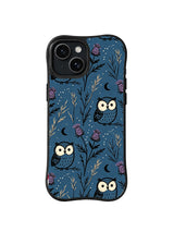 Blue Dusk Owl Meadow: Dark blue owls repeat among sparse thistles and black branches.