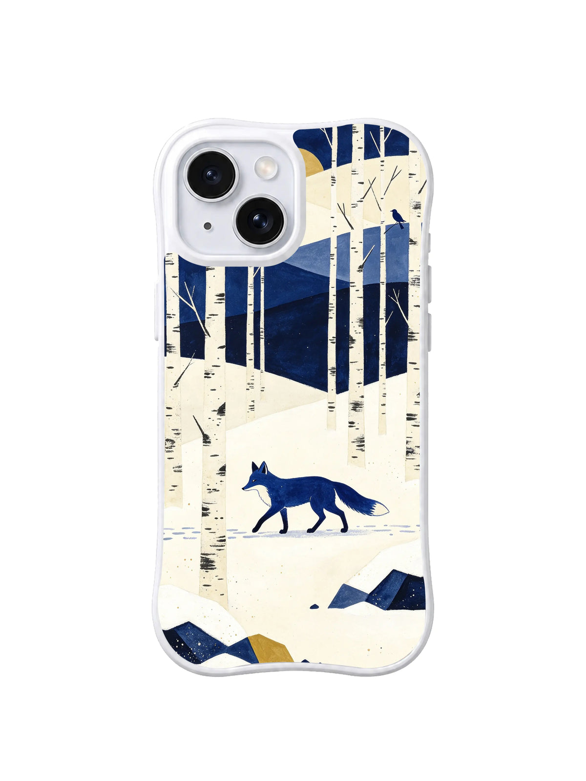 Birch Sun Trail pattern on a white iPhone 13 case with a blue fox, dark ridge, ivory woodland and muted golden sun