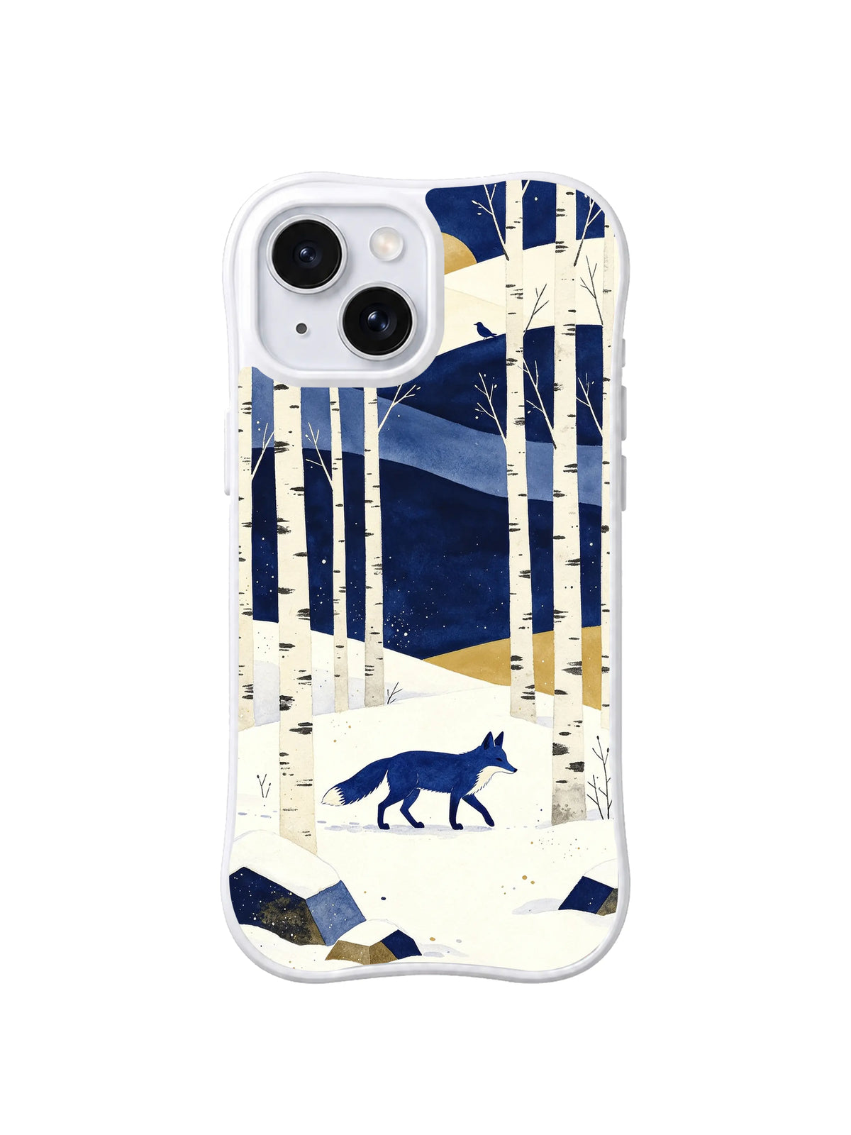 Blue Ridge Passage pattern on a white iPhone 13 case with a cobalt fox crossing layered snow beneath pale birch trunks