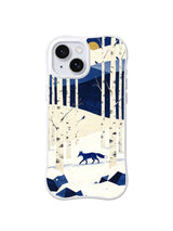 Cobalt Woodland Path pattern on a white iPhone 13 case with a blue fox, ivory birches, navy hills and snowy rocks