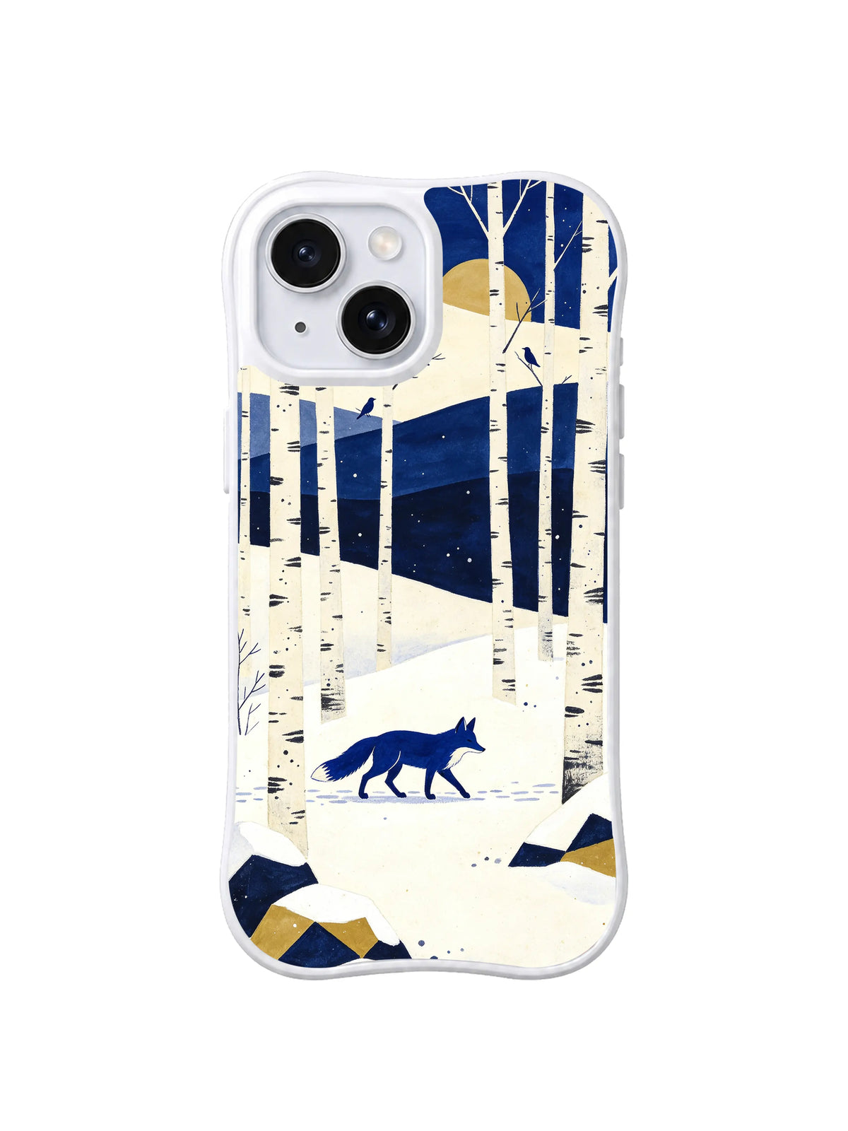 Golden Dawn Crossing pattern on a white iPhone 13 case with a blue fox, winter birches, navy hills and a golden sun
