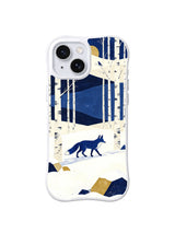Snowfield Walker pattern on a white iPhone 13 case with a cobalt fox, narrow birches, cream snow and geometric rocks