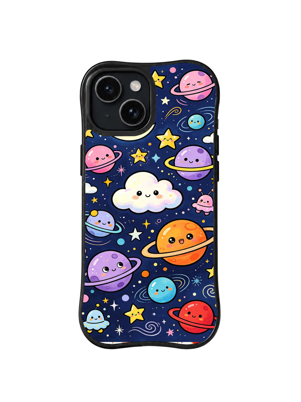 Starfriend Blue Hour Parade: Colorful smiling planets, stars and a central white cloud repeat on deep blue.