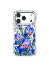 Cobalt Signal pattern with layered blue irises opening upward among teal stems on an iPhone 17 Pro case
