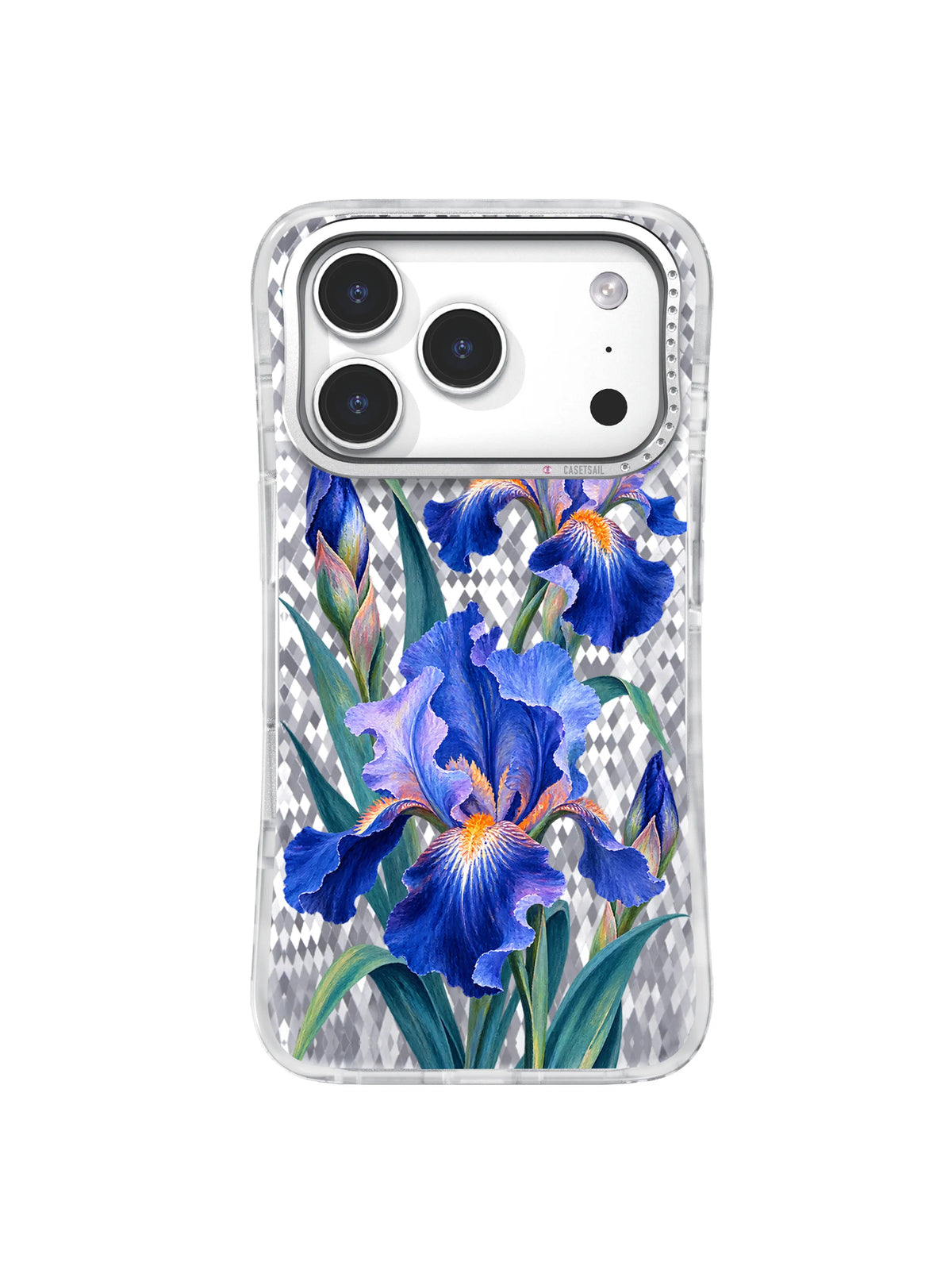 First Rise pattern with cobalt and lavender irises, coral-orange centers, and teal leaves on an iPhone 17 Pro case