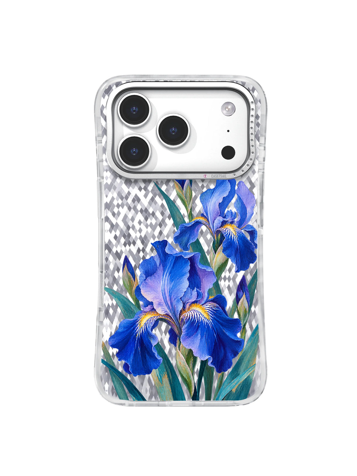 Lavender Turn pattern with a pale violet iris above a deep cobalt bloom and upright teal leaves on an iPhone 17 Pro case