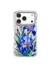 Open Sky pattern with cobalt and lavender irises rising through transparent breathing space on an iPhone 17 Pro case