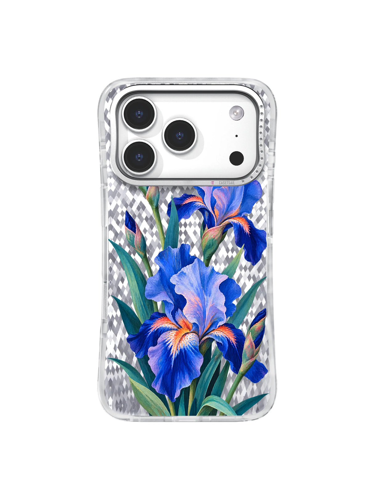 Open Sky pattern with cobalt and lavender irises rising through transparent breathing space on an iPhone 17 Pro case