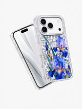 Angled view of the Blue Irises Rise iPhone 17 Pro case showing blue iris artwork and clear edges