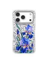 Front view of the Blue Irises Rise iPhone 17 Pro case with cobalt floral artwork