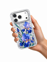 Hand holding the Blue Irises Rise iPhone 17 Pro case with cobalt and lavender irises