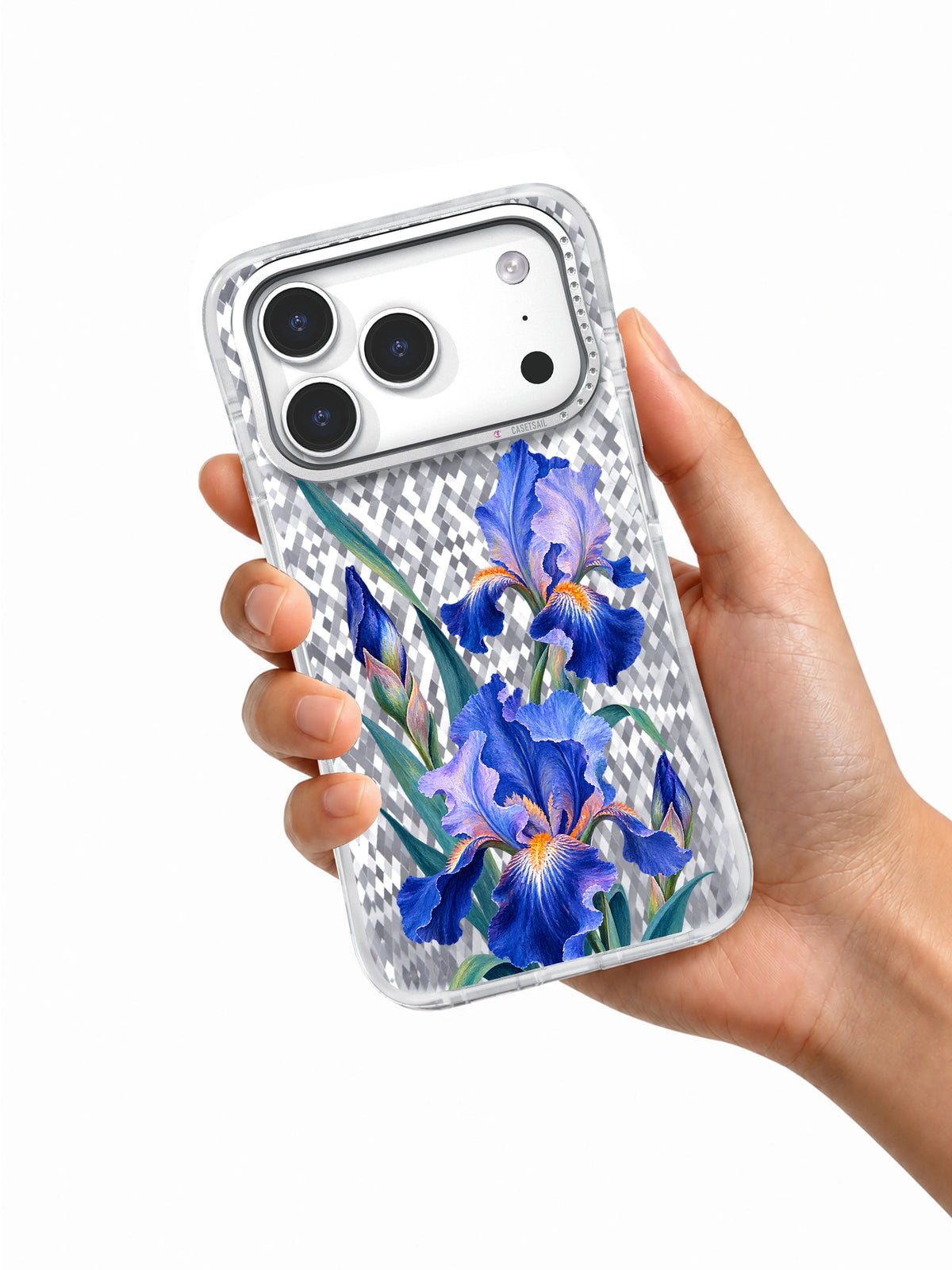 Hand holding the Blue Irises Rise iPhone 17 Pro case with cobalt and lavender irises