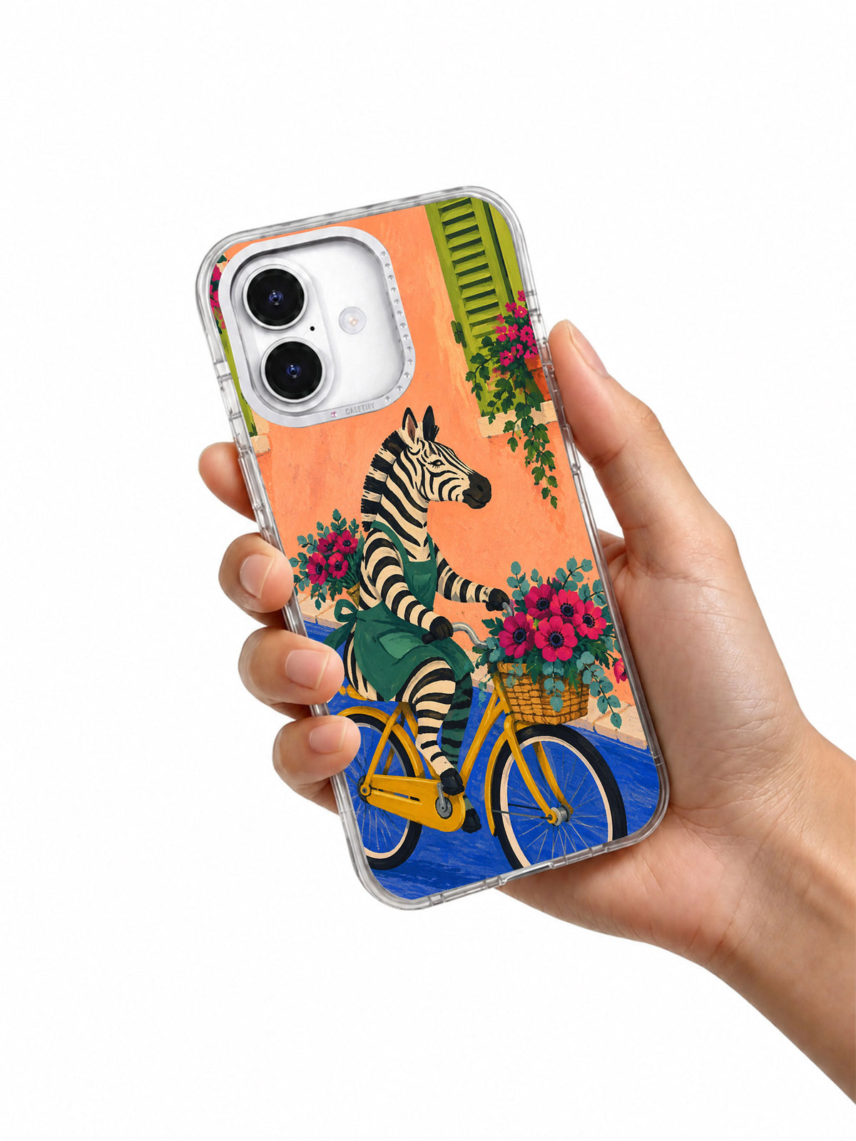 Flowers Along the Blue Lane transparent case held in hand for iPhone 17 Pro