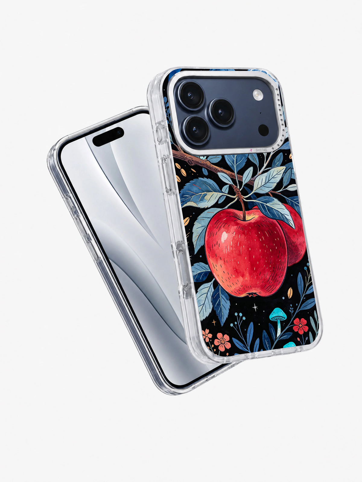 Angled view of Blue Moon Apple Grove iPhone case with crimson apple art