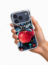 Blue Moon Apple Grove iPhone case held in hand showing red fruit artwork