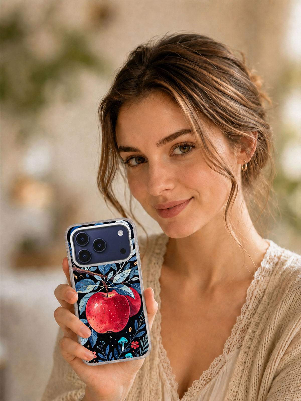 Lifestyle view of Blue Moon Apple Grove iPhone case with dark orchard art