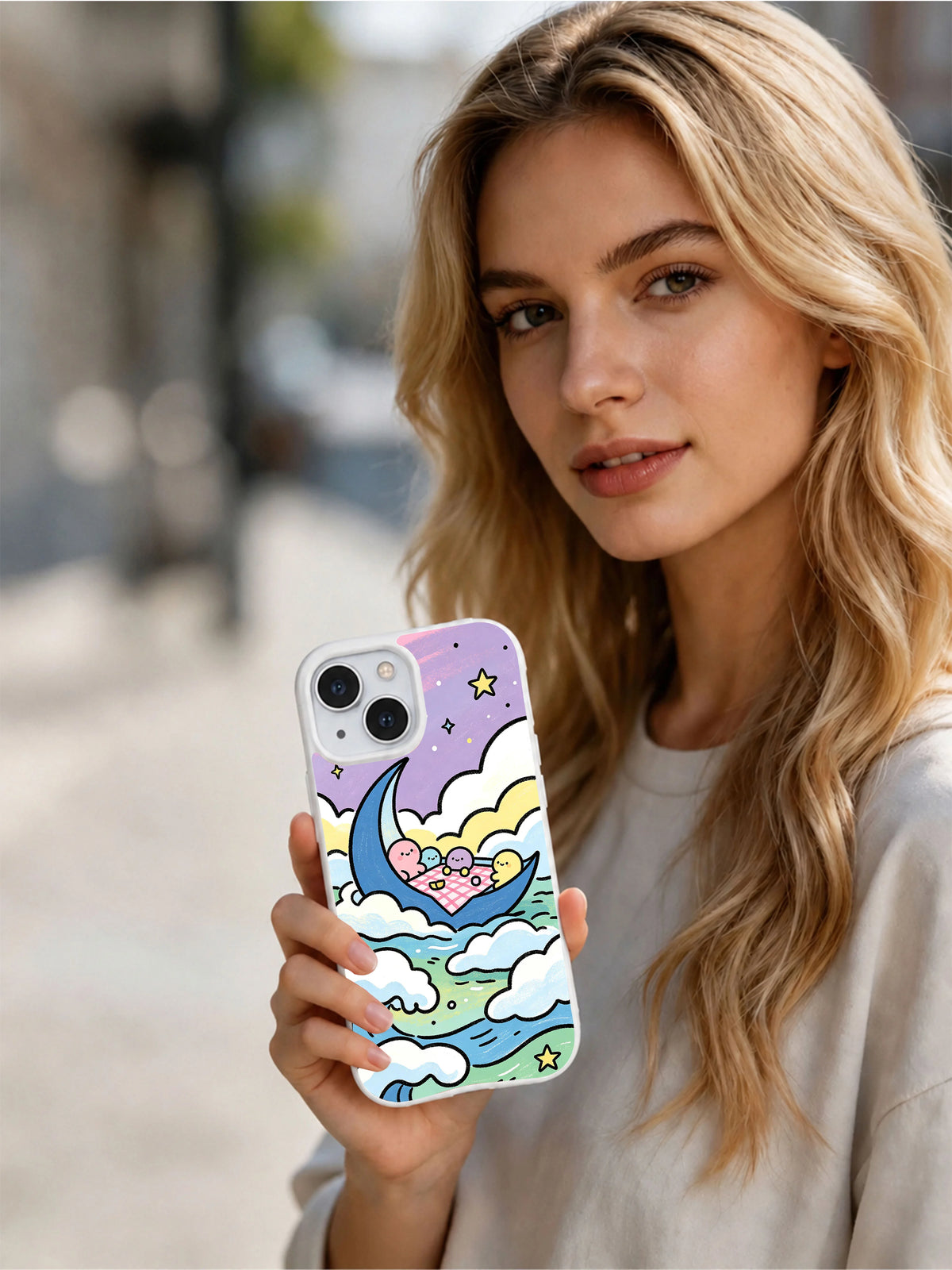 Blue Moon Picnic artist-designed iPhone 14 case lifestyle