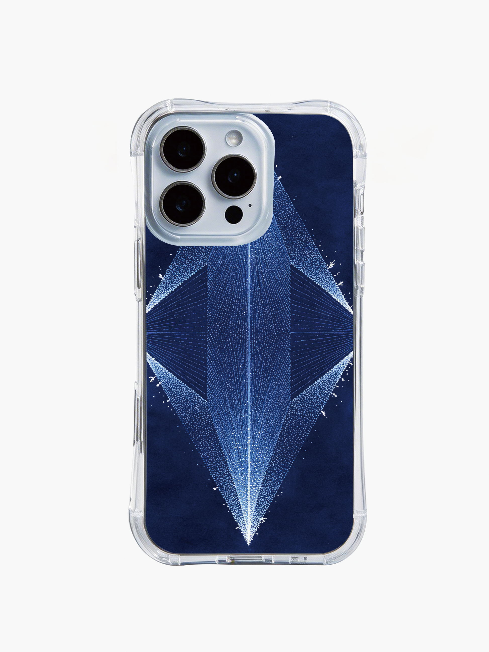 PhoneCasing iPhone 14 Pro Max Case with blue snow-inspired tribal design, transparent anti-drop case with minimalist aesthetic.
