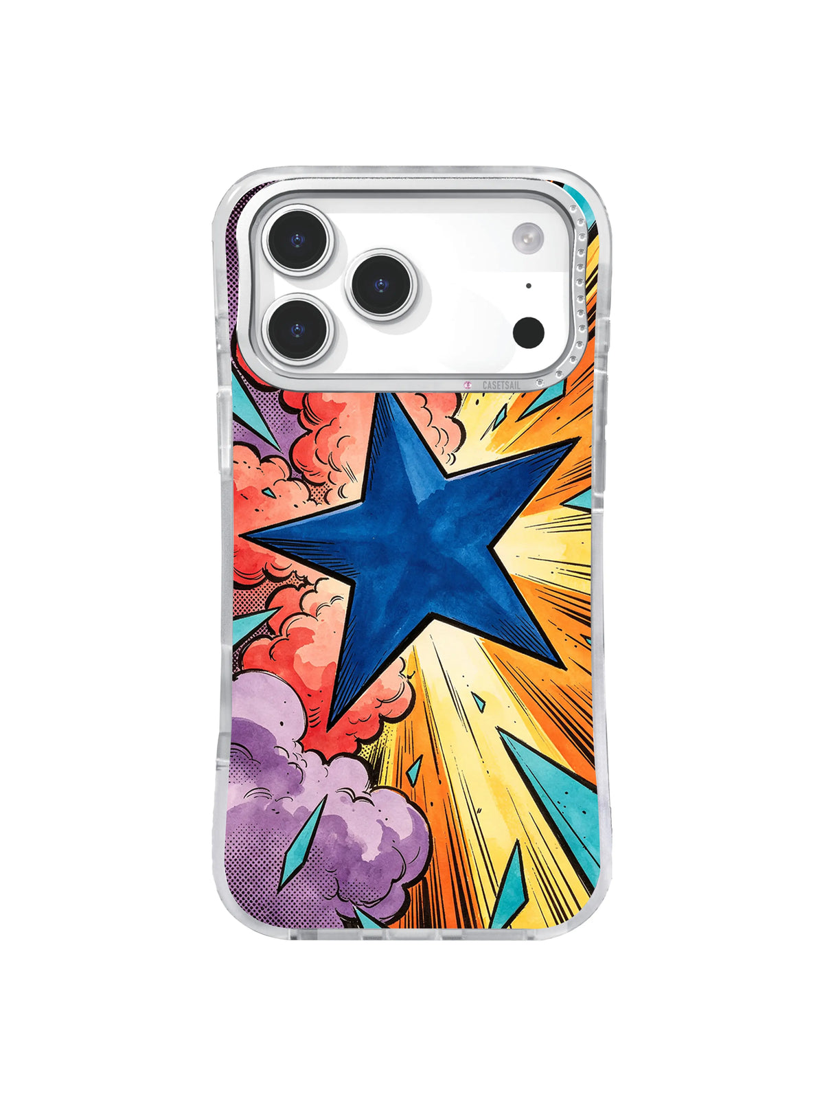 Blue Star Impact iPhone case with a large cobalt star, coral clouds, golden rays, violet halftone, turquoise fragments, and rough black speed lines