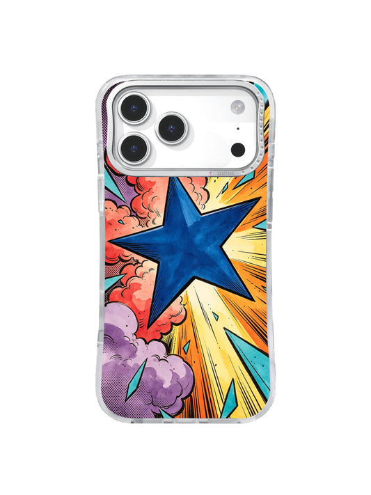 Blue Star Impact iPhone case with a large cobalt star, coral clouds, golden rays, violet halftone, turquoise fragments, and rough black speed lines