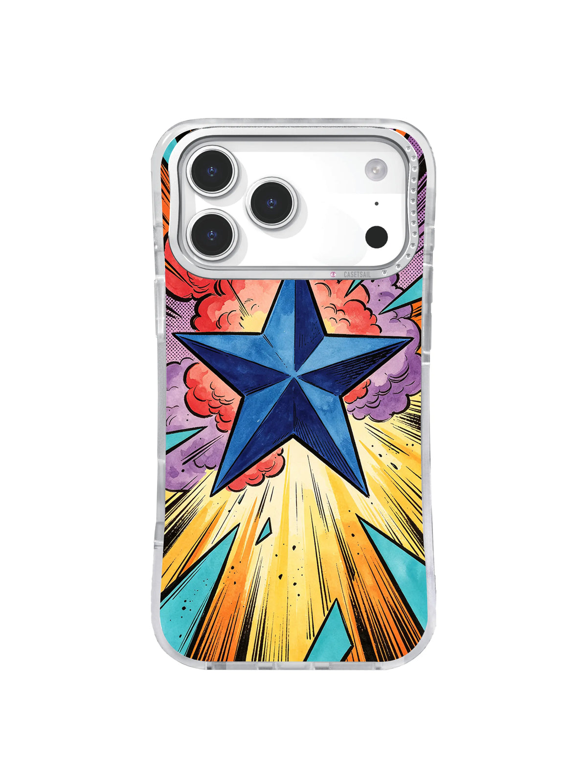 Cobalt blue star iPhone case artwork with violet comic clouds, coral smoke, yellow-orange radial beams, turquoise shards, and hand-drawn ink texture