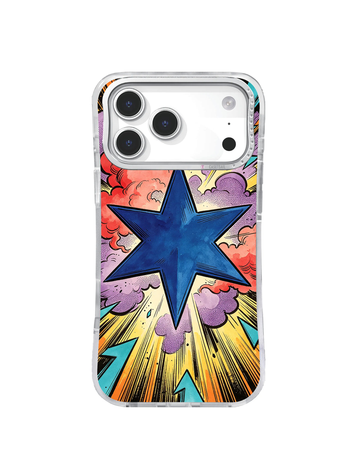 Comic celestial iPhone case with a deep blue five-point star, long golden rays, coral clouds, purple halftone, aqua fragments, and black motion marks