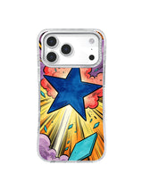 Blue starburst iPhone case with cobalt star, coral-red smoke, violet clouds, turquoise geometric shard, cream space, and orange-yellow impact lines