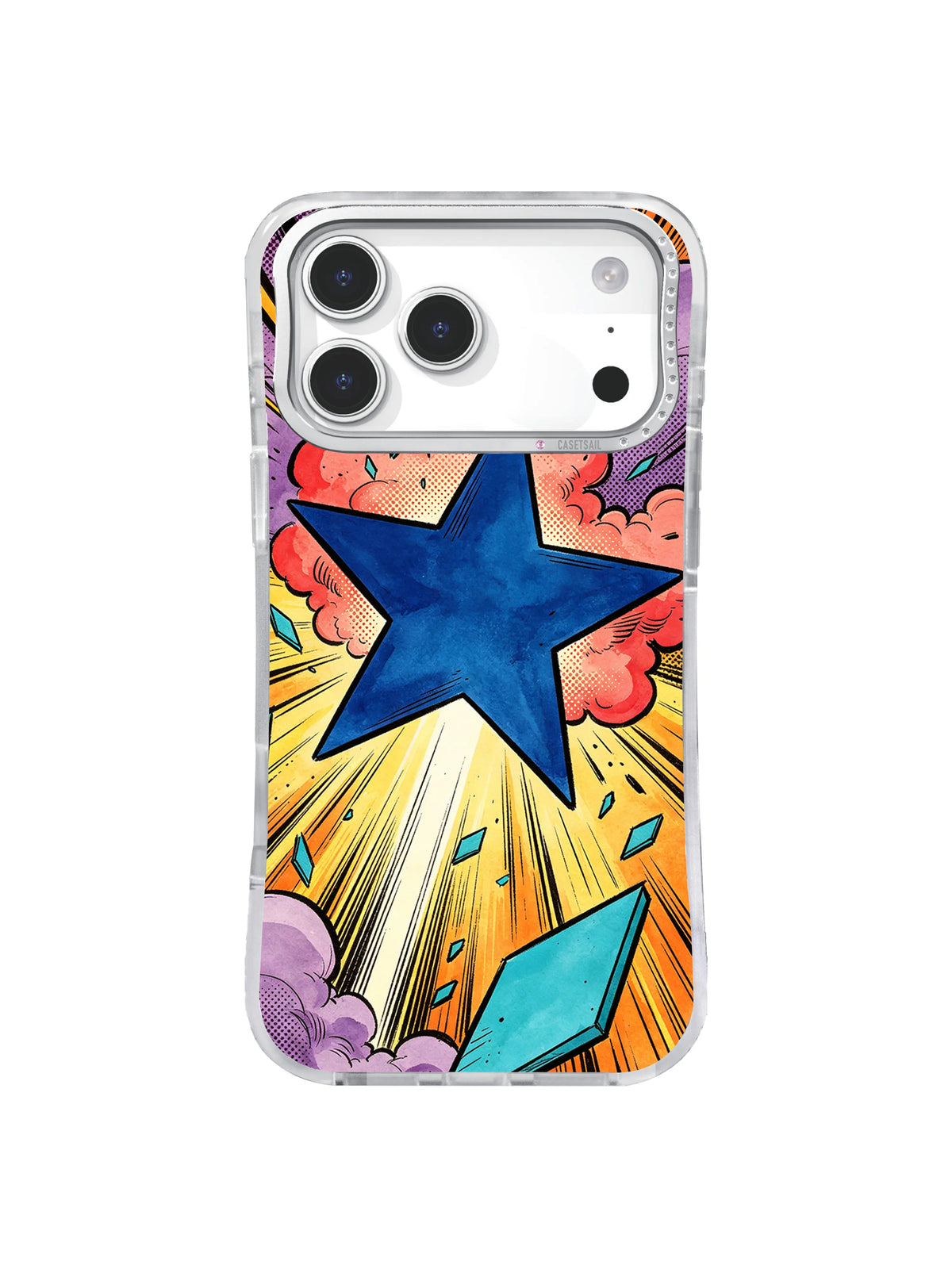 Blue starburst iPhone case with cobalt star, coral-red smoke, violet clouds, turquoise geometric shard, cream space, and orange-yellow impact lines