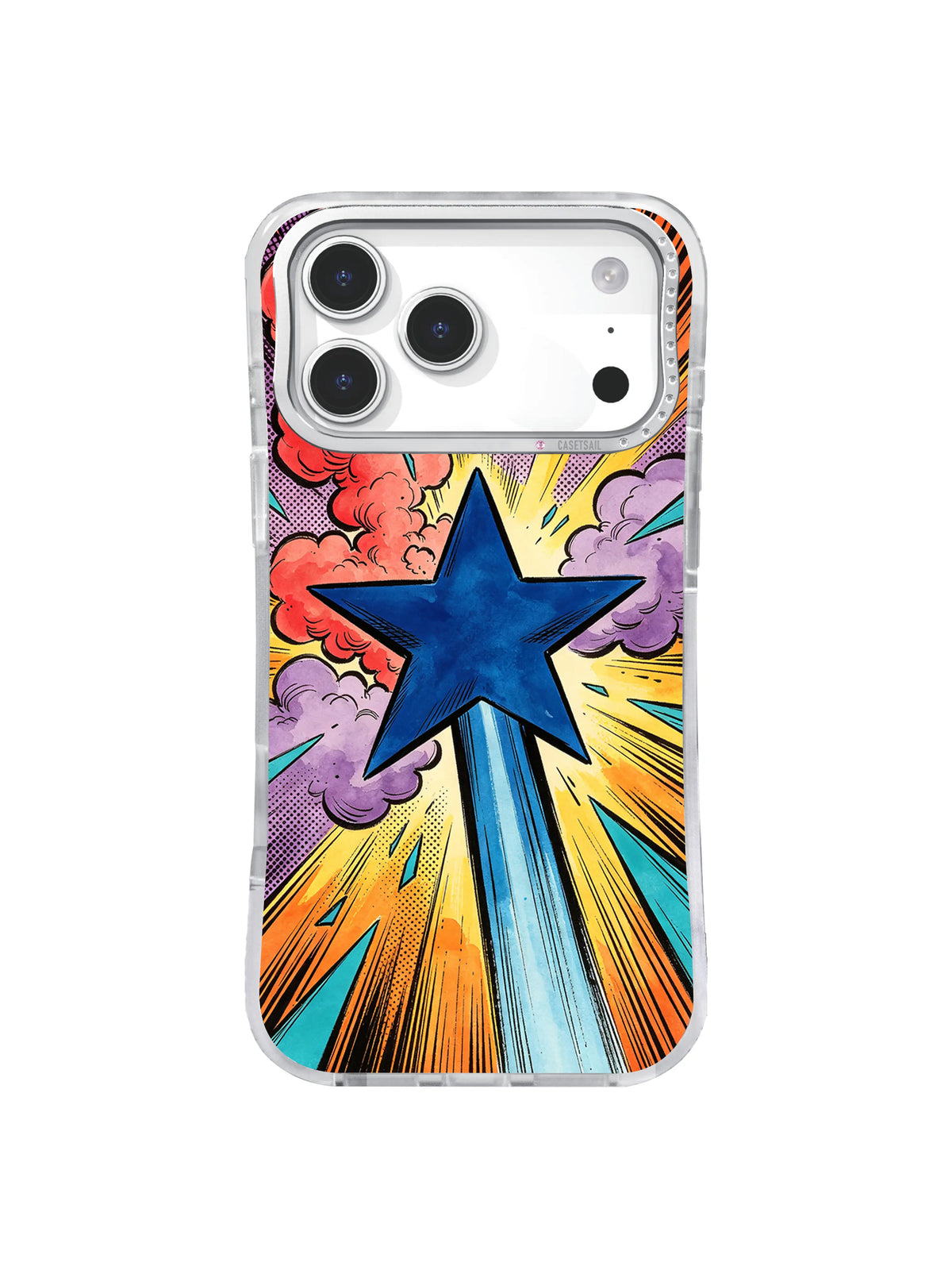 Bold cobalt star iPhone case artwork with coral cloud bursts, purple halftone puffs, turquoise accents, golden rays, and vintage comic grain