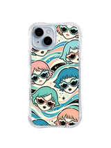 Cream Wave Ribbon Portraits: Cream, coral and blue-haired sunglass portraits sit among aqua wave ribbons.