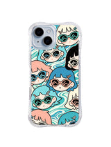 Mixed Bob Ocean Doodles: Black, coral and blue bob-haired faces mix across an ocean-like ribbon pattern.