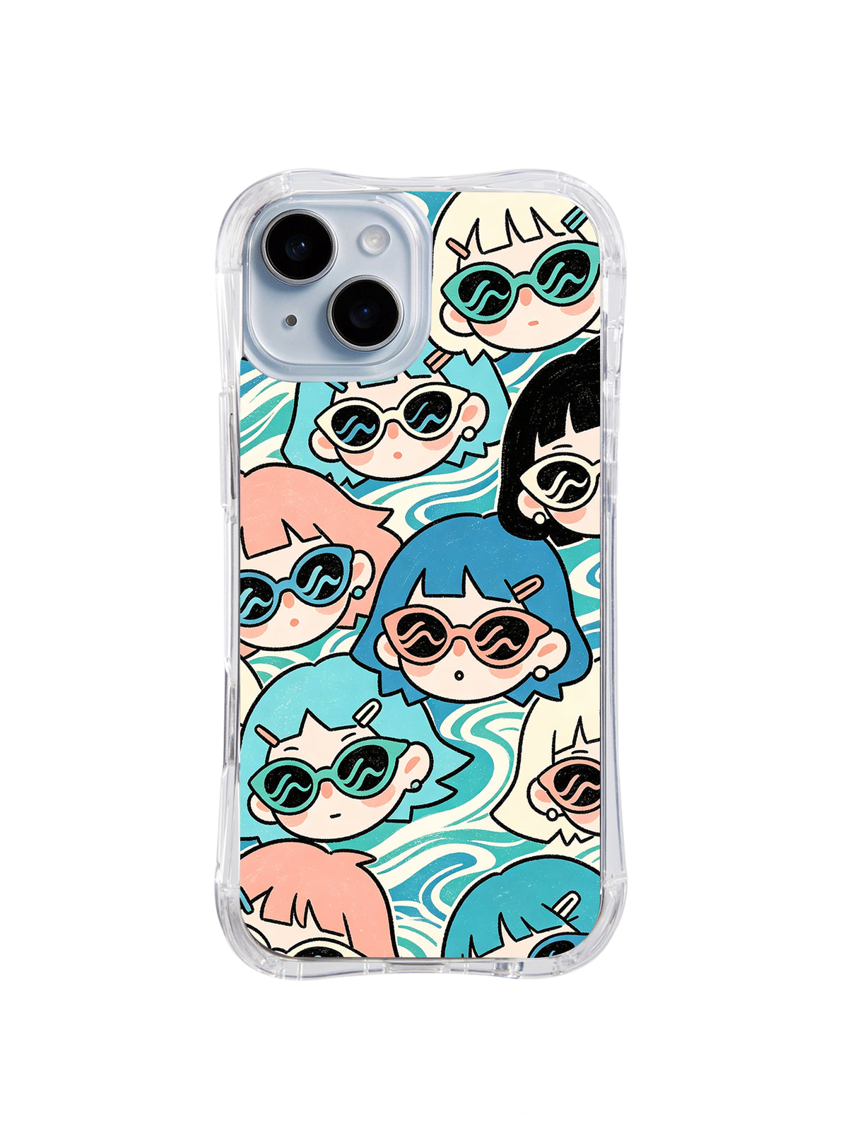Mixed Bob Ocean Doodles: Black, coral and blue bob-haired faces mix across an ocean-like ribbon pattern.