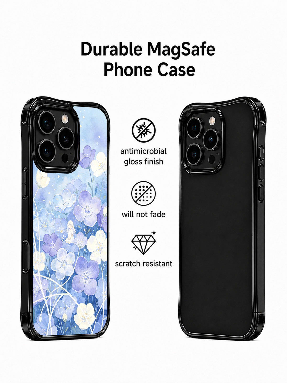 Bluebell Silent Garden: Tanıtım düzeninde desenli kılıf ve ikinci arka telefon görünümü.