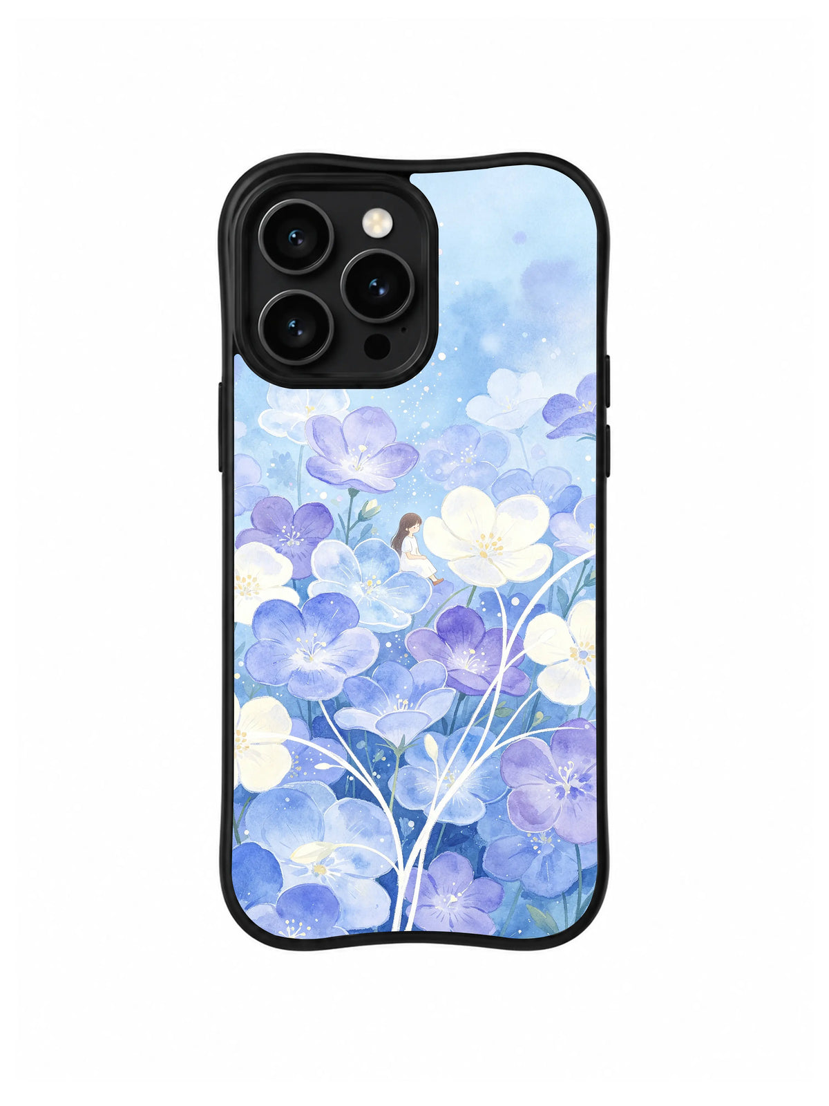Bluebell Silent Garden / Misty Petal Listener: Açık mavi gökyüzü altında sık açık mavi ve fildişi çiçekler arasında küçük kahverengi saçlı figür.