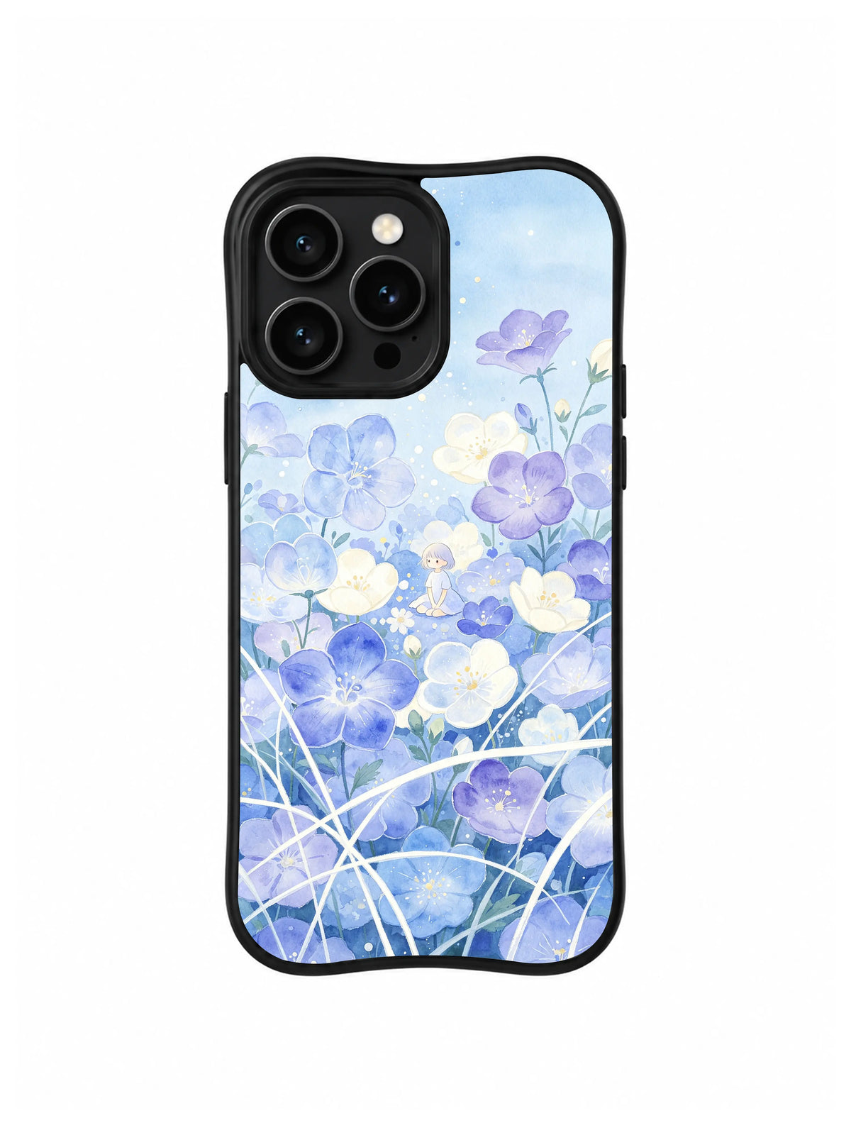 Bluebell Silent Garden / Quiet Bloom Daydream: Geniş çiçek alanı içinde küçük figür; üstte uzun lila çiçekler, altta çapraz beyaz saplar.